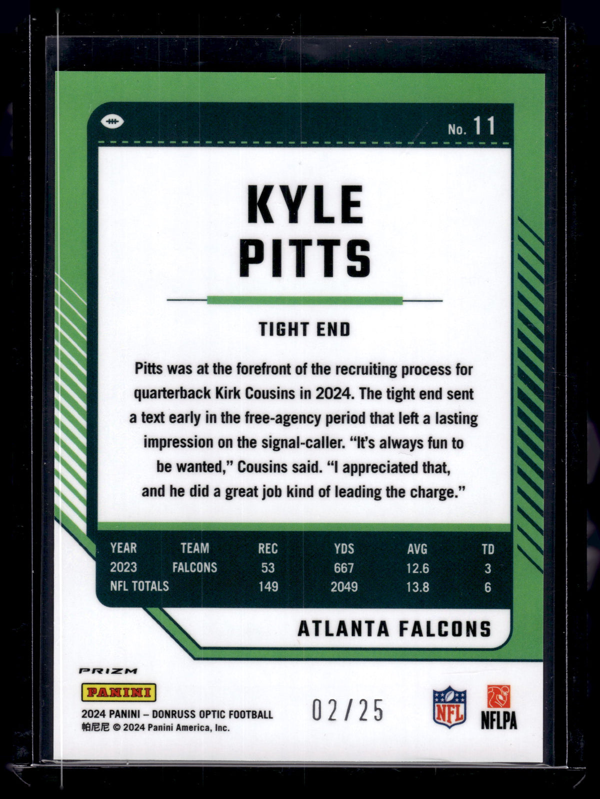 HL-P02 2024 Panini Donruss Optic Football Kyle Pitts #11 Black Pandora Prizm /25
