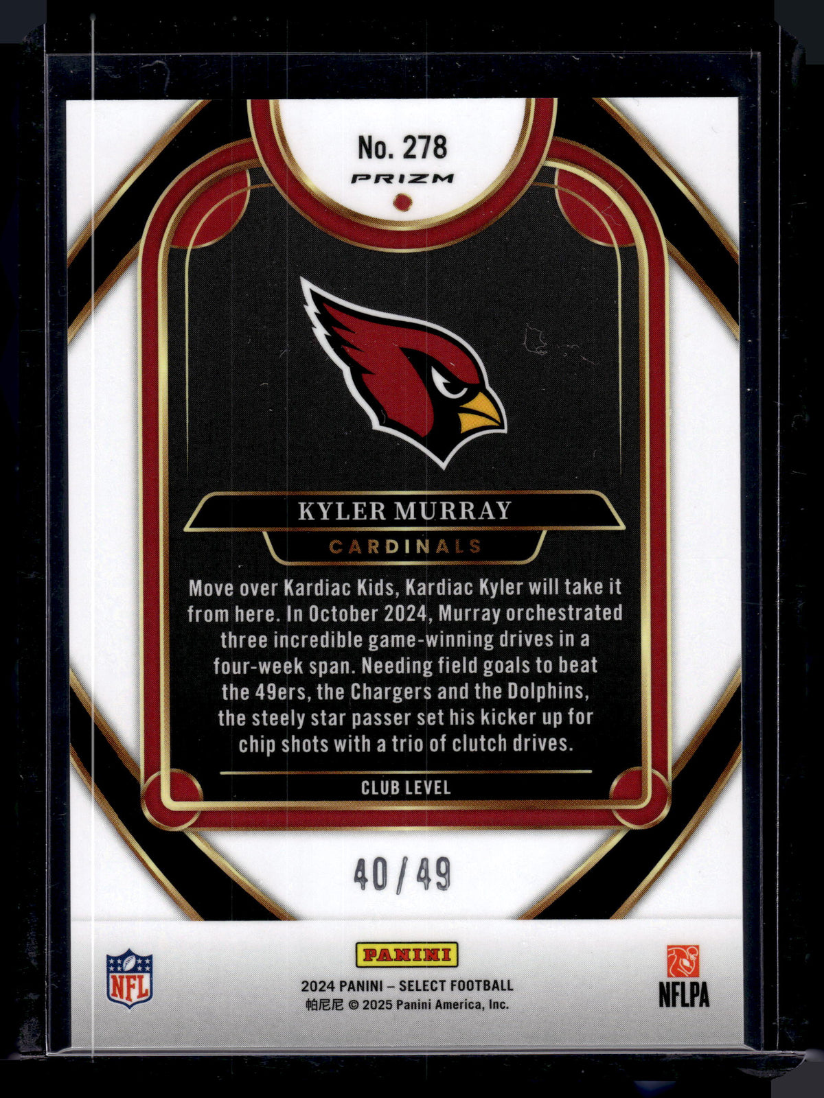 HL-P02 2024 Panini Select Prizm Kyler Murray #278 Red Mojo /49 Club Level