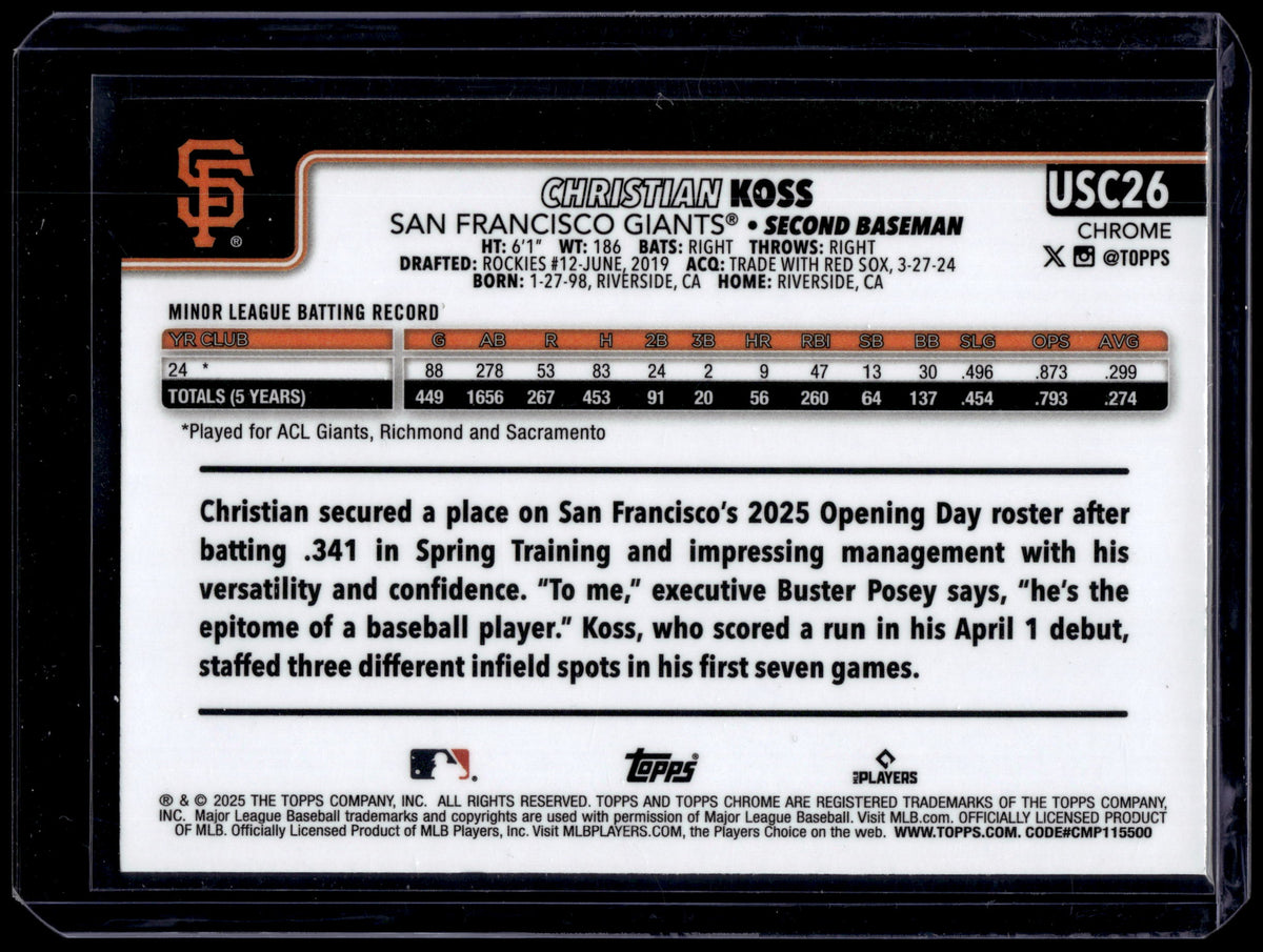 HL-P01 2025 Topps Chrome Update Christian Koss #USC26 Aqua /299 RC