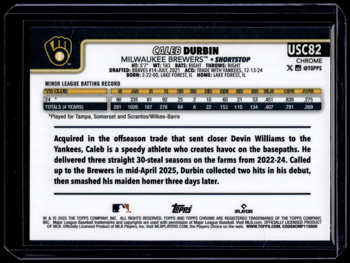 HL-P01 2025 Topps Chrome Caleb Durbin #USC82 Blue Wave Refractor /150 RC