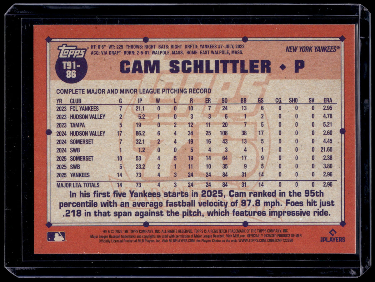 HL-P01 2026 Topps Heritage Cam Schlittler #T91-86 Pink RC