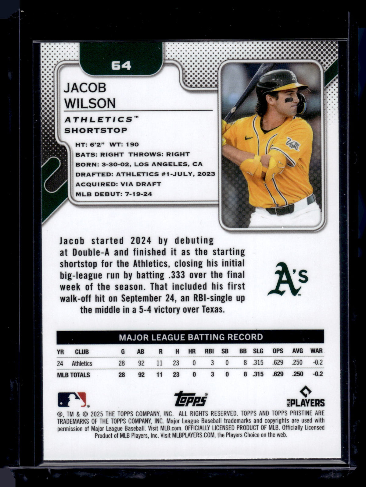 HL-P01 2025 Topps Pristine Jacob Wilson #64 RC