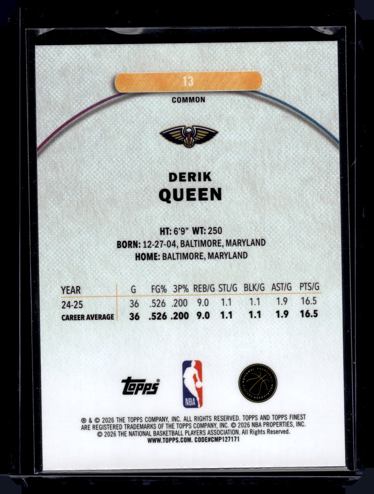 HL-P01 2026 Topps Finest Derik Queen #13 Common RC