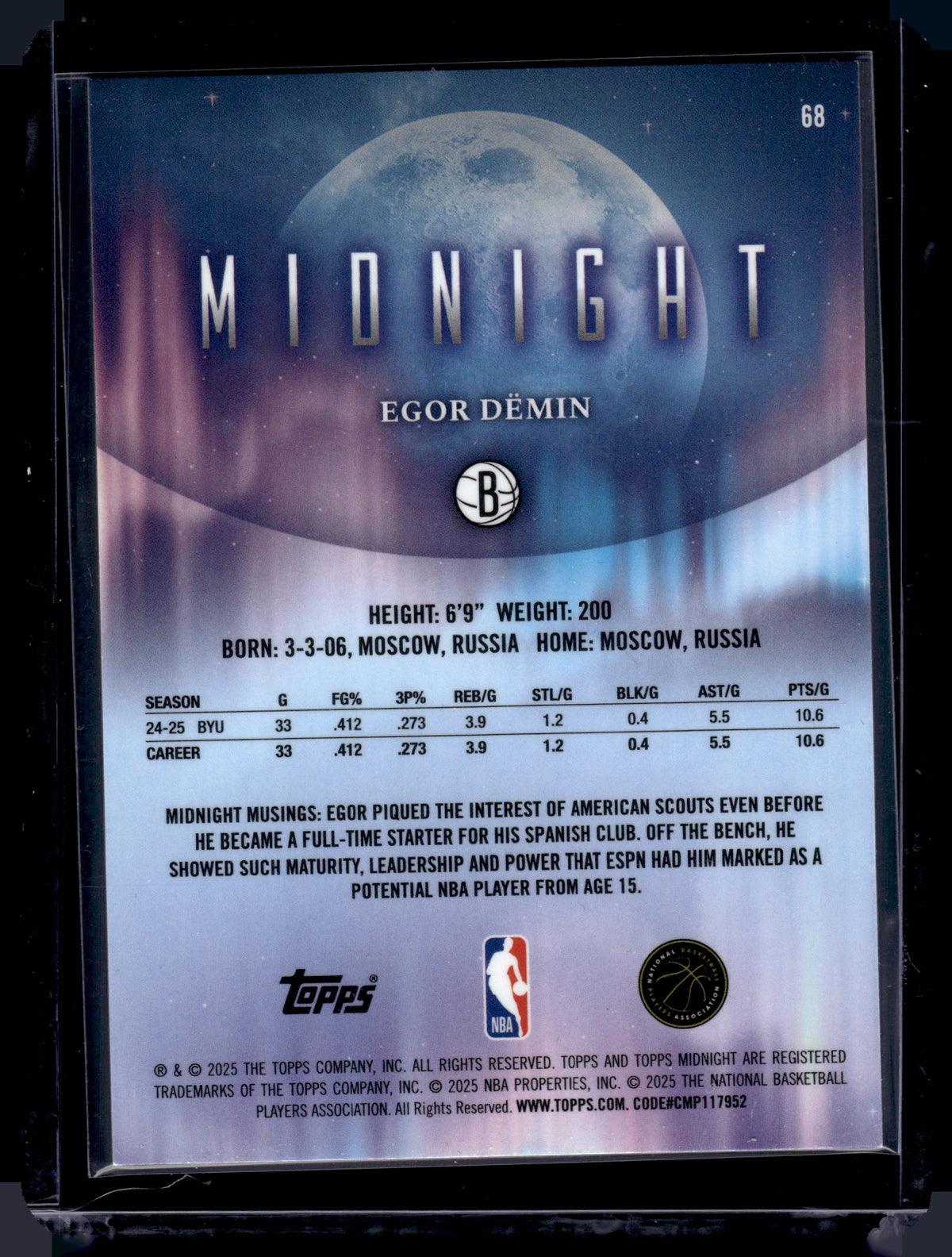 HL-P01 2025 Topps Midnight Egor Demin #68 RC