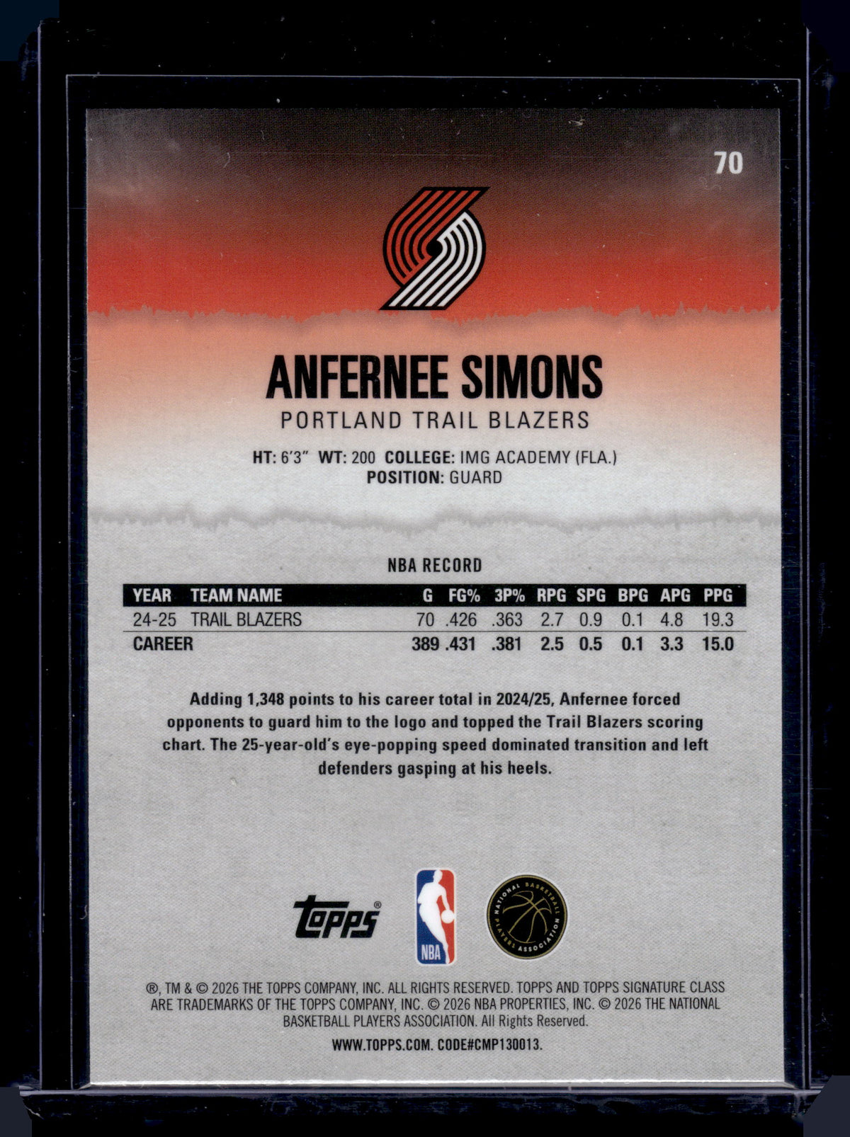 HL-P01 2026 Topps Signature Class Anfernee Simons #70 Purple /100