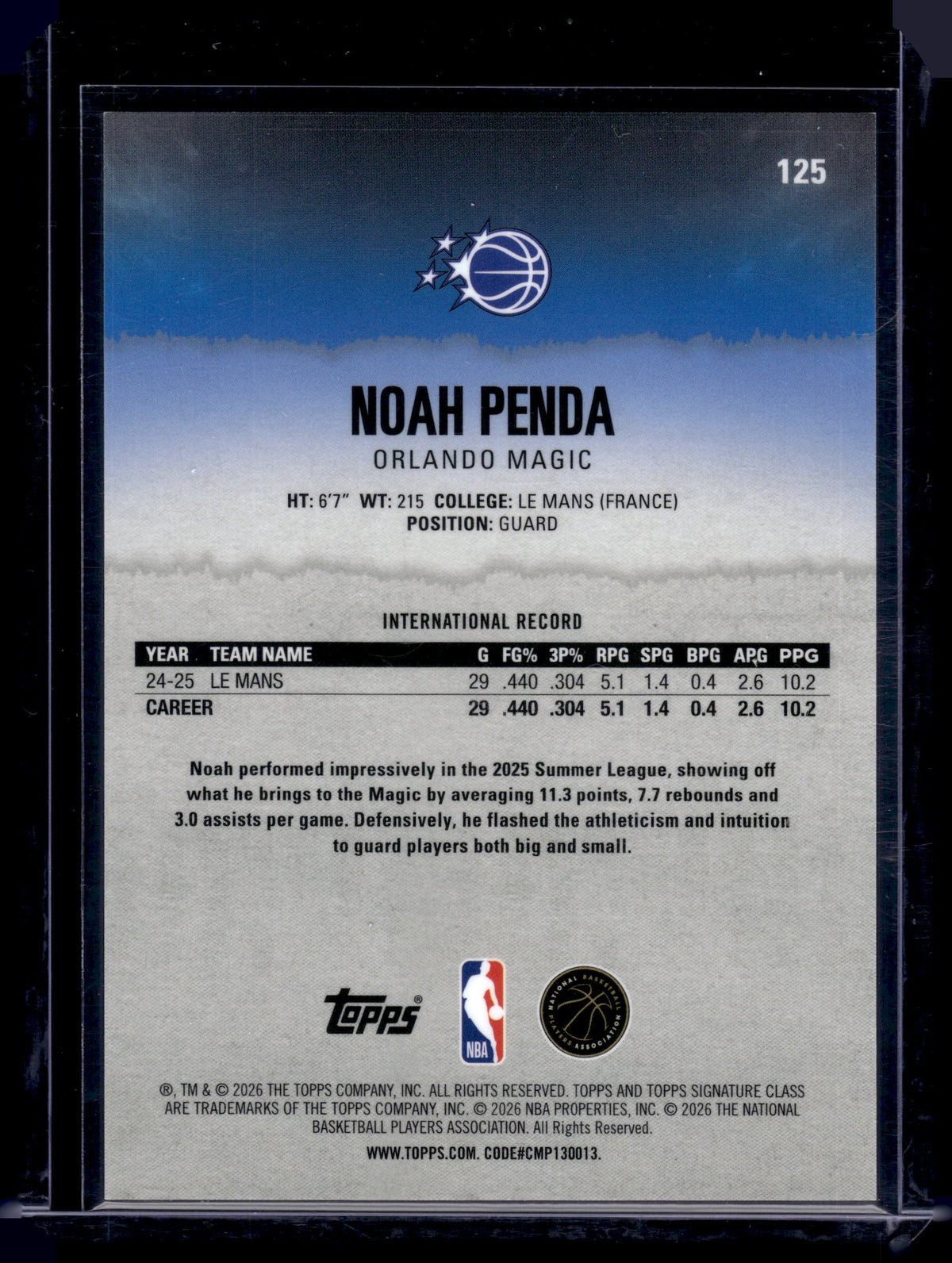 HL-P01 2026 Topps Chrome Signature Class Noah Penda #125 Pink /75 RC