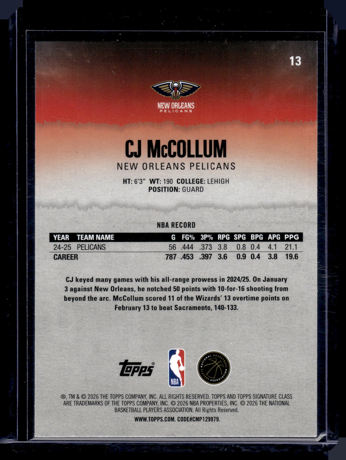 HL-P01 2026 Topps Signature Class CJ McCollum #13 Pink /250