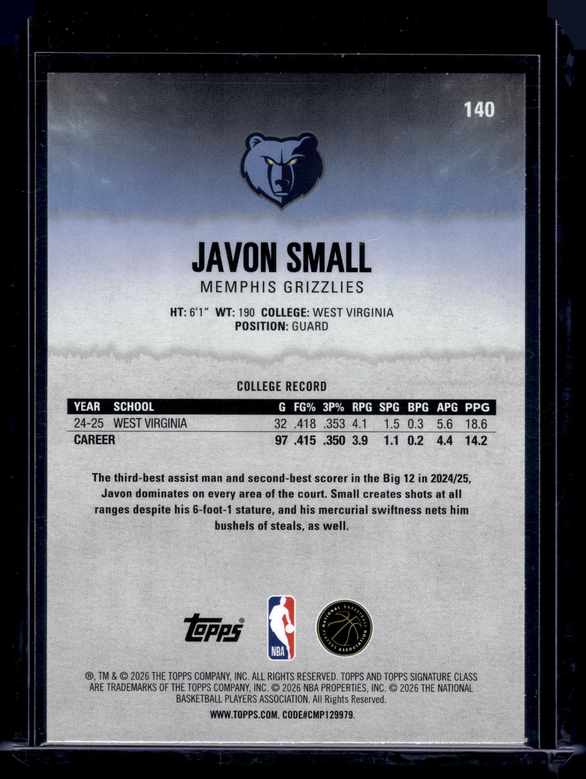 HL-P01 2026 Topps Signature Class Javon Small #140 Teal /225 RC