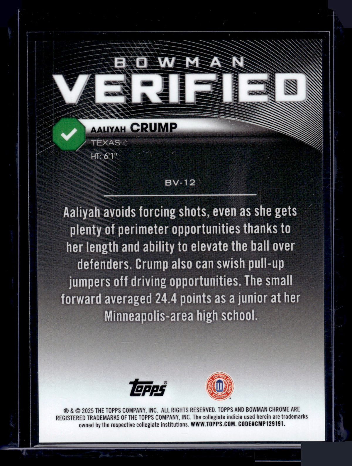 HL-P01 2025 Bowman Chrome Verified Aaliyah Crump #BV-12 /50