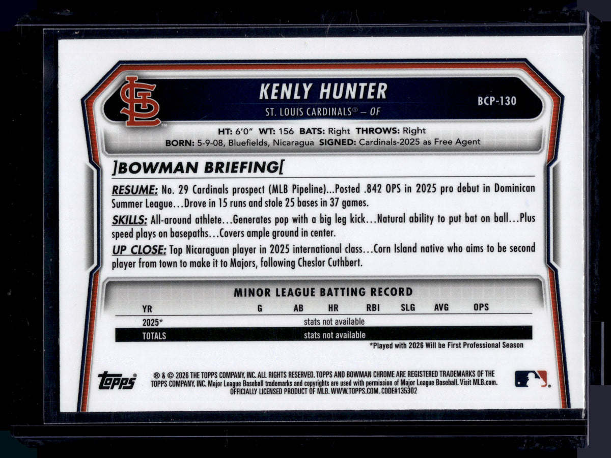 HL-P01 2026 Bowman Chrome Kenly Hunter #BCP-130 Purple Geometric /250 1st Bowman