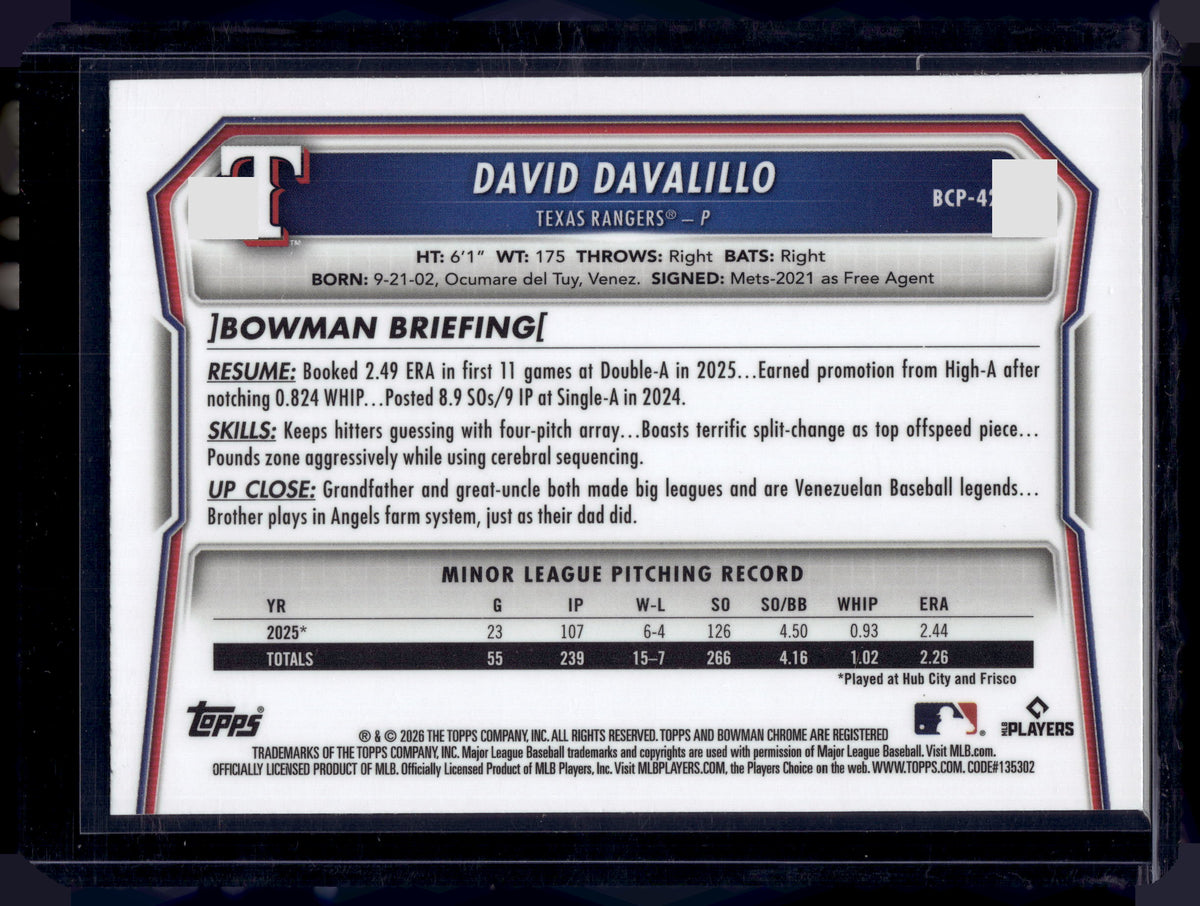 HL-P01 2026 Bowman Chrome David Davalillo #BCP-42 Purple Geo /250 1st Bowman