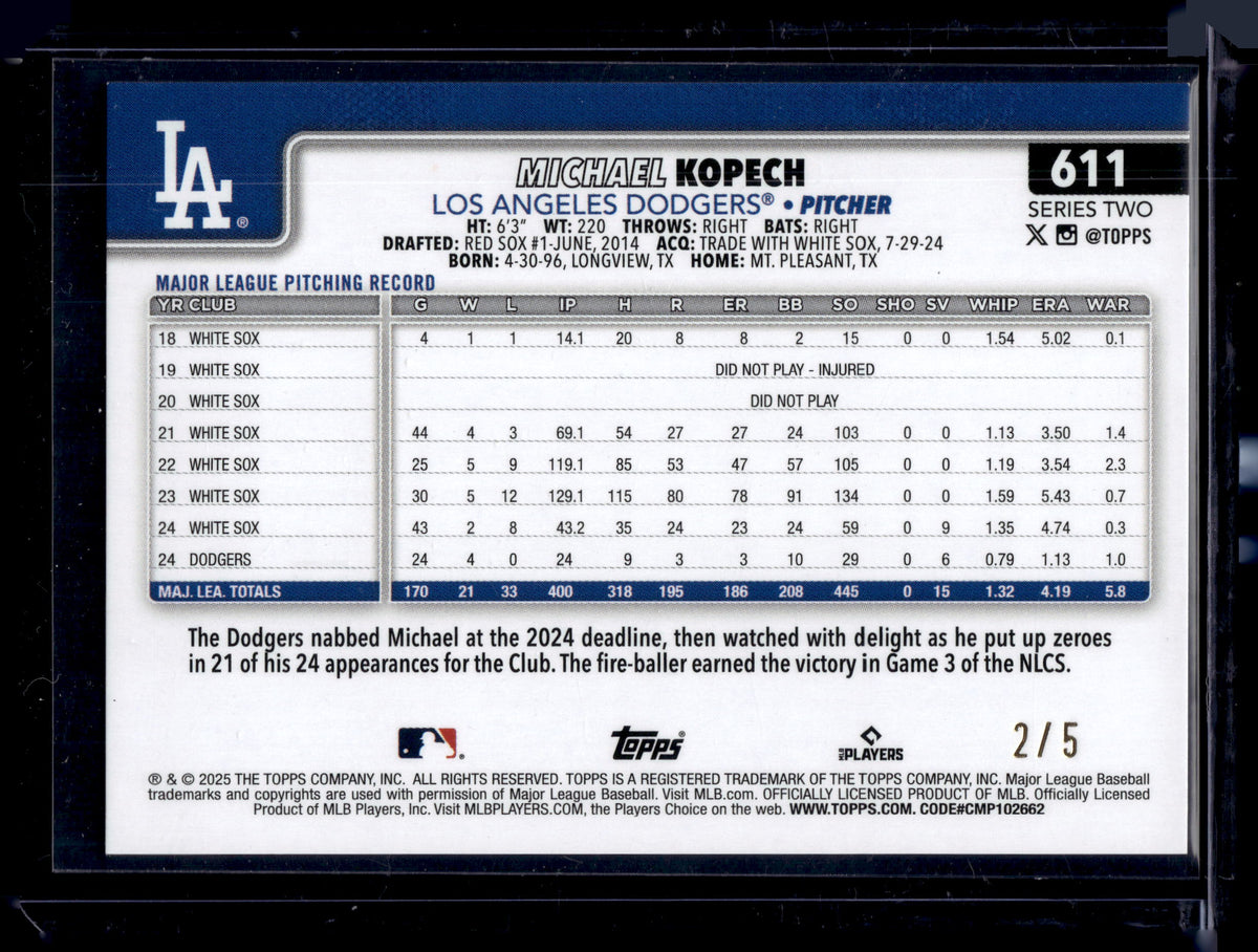 HL-P02 2025 Topps Series 2 Michael Kopech #611 Red /5