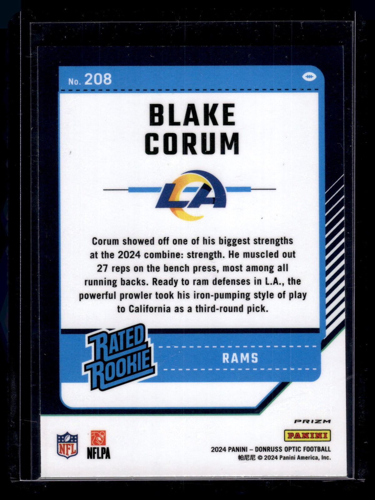 HL-P02 2024 Panini Donruss Optic Blake Corum #208 Blue Hyper Prizm Rated Rookie