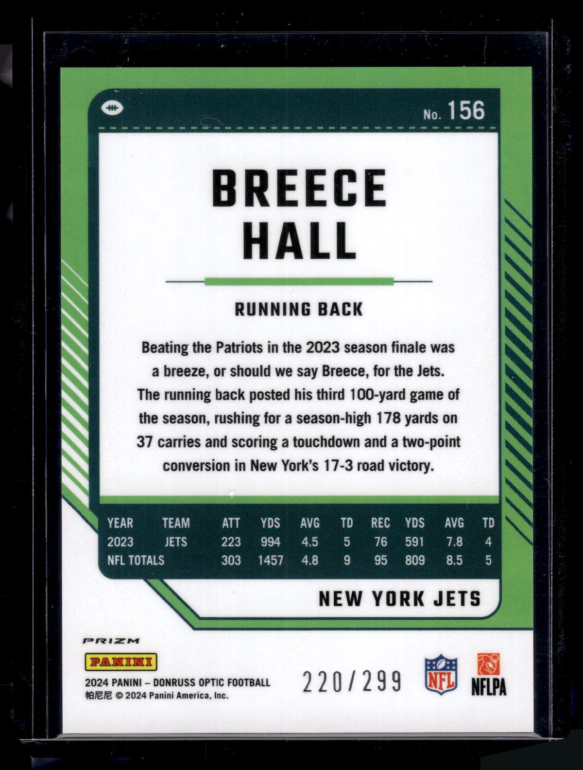 HL-P02 2024 Panini Donruss Optic Breece Hall #156 Aqua /299