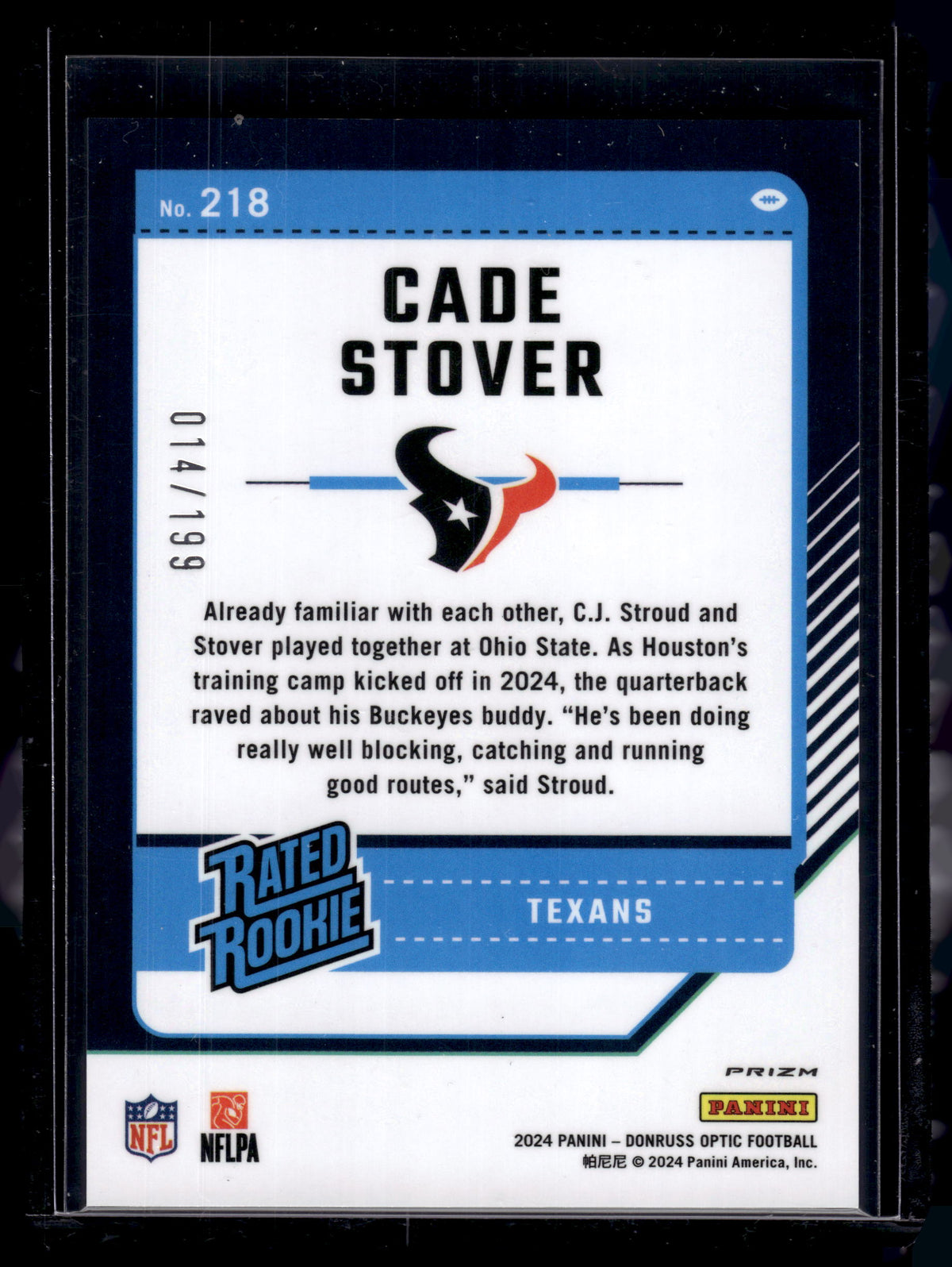 HL-P02 2024 Panini Donruss Optic Cade Stover #218 Blue /199 Rated Rookie