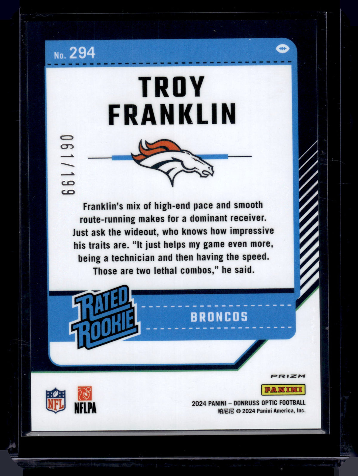 HL-P02 2024 Panini Donruss Optic Prizm Troy Franklin #294 Blue /199 Rated Rookie