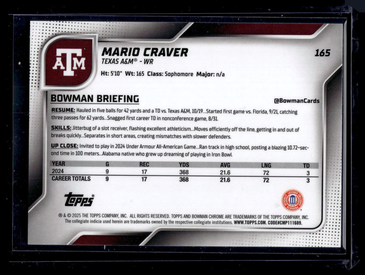 HL-P01 2025 Bowman Chrome U Mario Craver #165 Aqua Mini-Diamond /325 1st