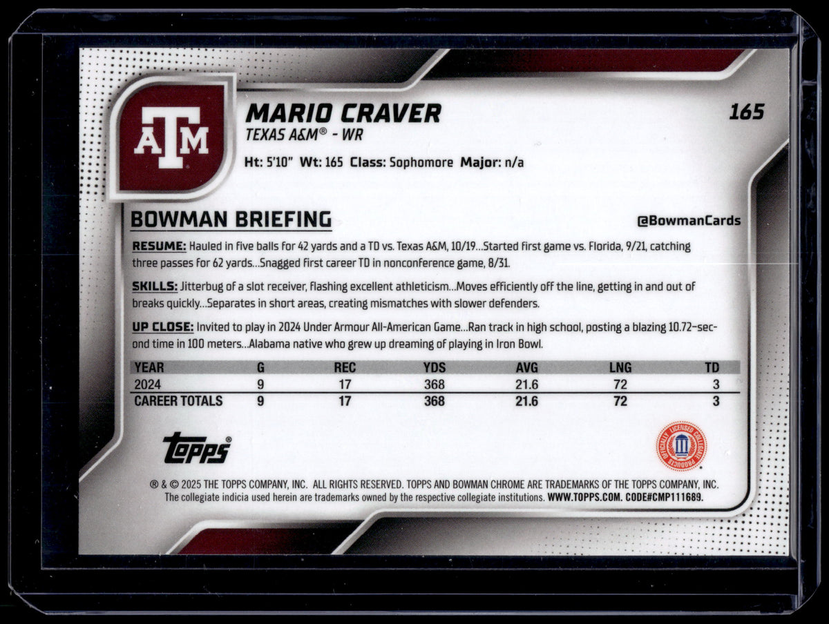 HL-P01 2025 Bowman Chrome University Mario Craver #165 Stealth 1st Bowman