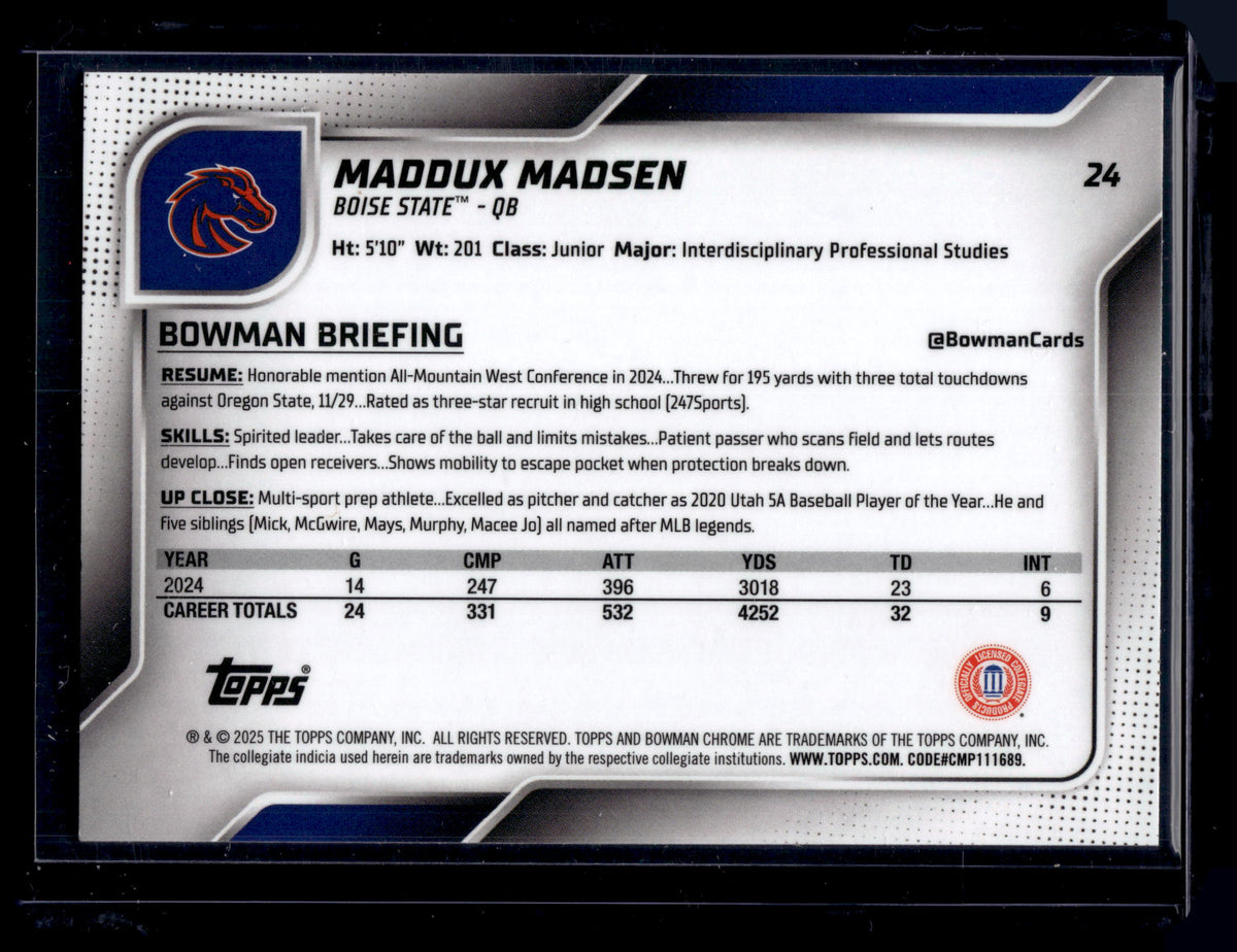 HL-P01 2025 Bowman Chrome University Maddux Madsen #24 Aqua /325 1st Bowman