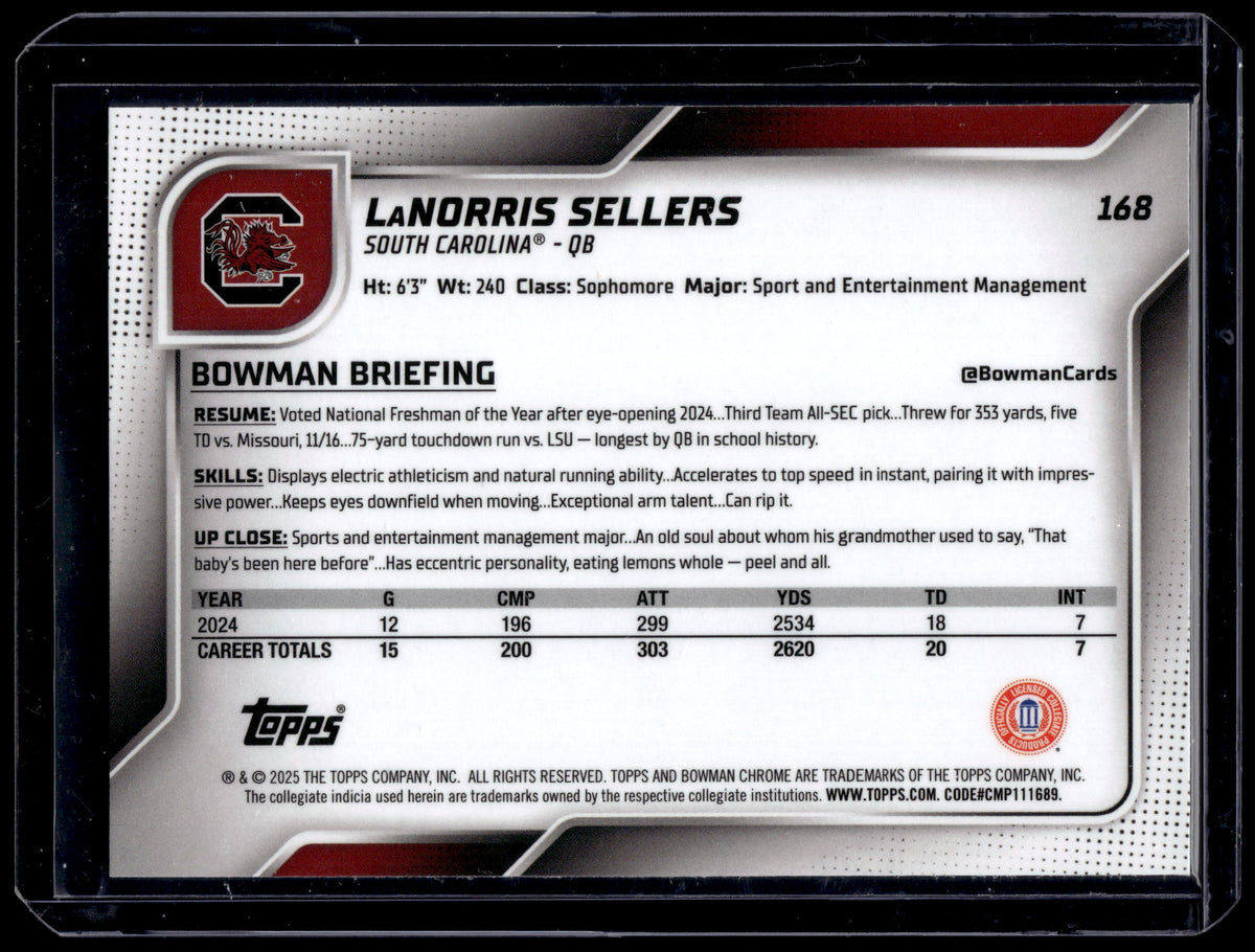 HL-P01 2025 Bowman Chrome University LaNorris Sellers #168 X-Fractor 1st Bowman