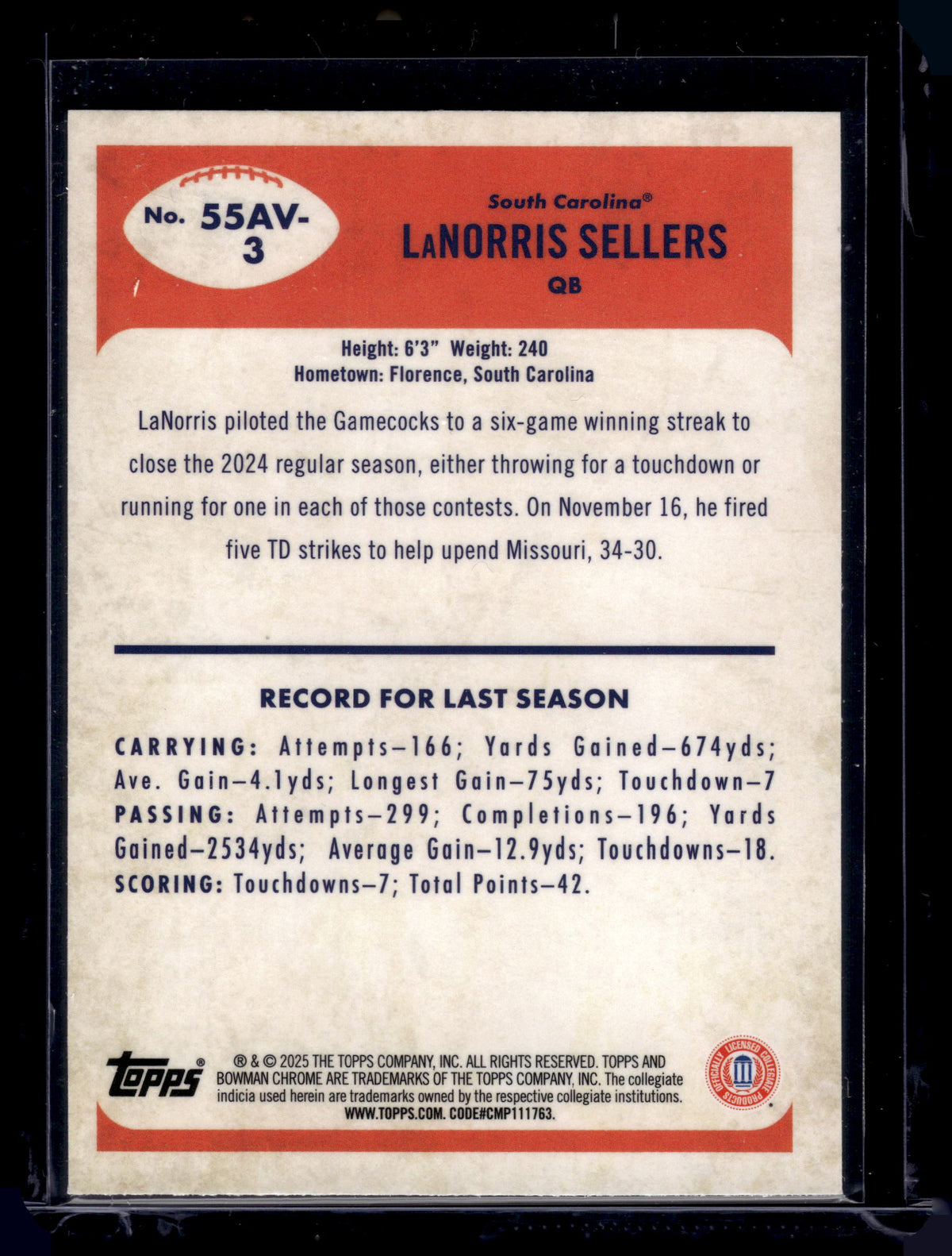HL-P01 2025 Bowman Chrome University LaNorris Sellers #55AV-3