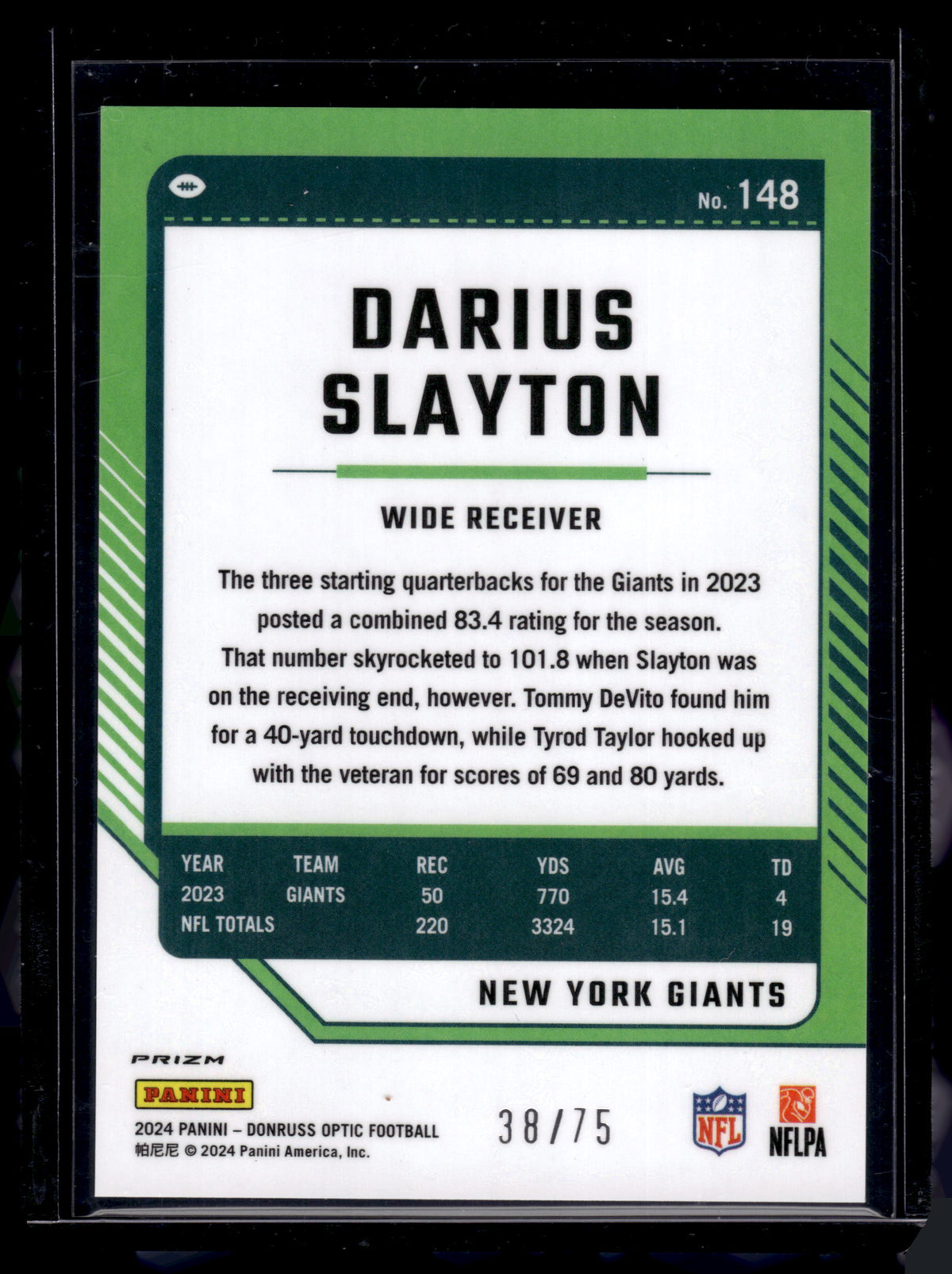HL-P02 2024 Panini Donruss Optic Darius Slayton #148 Electricity Prizm /75