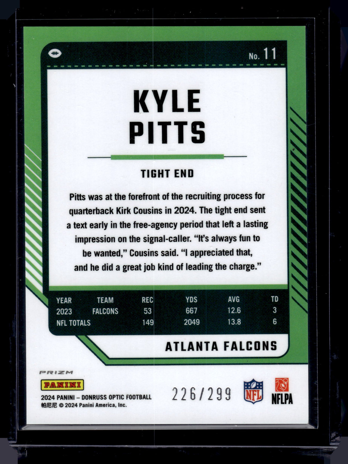 HL-P02 2024 Panini Donruss Optic Kyle Pitts #11 Light Blue Prizm /299