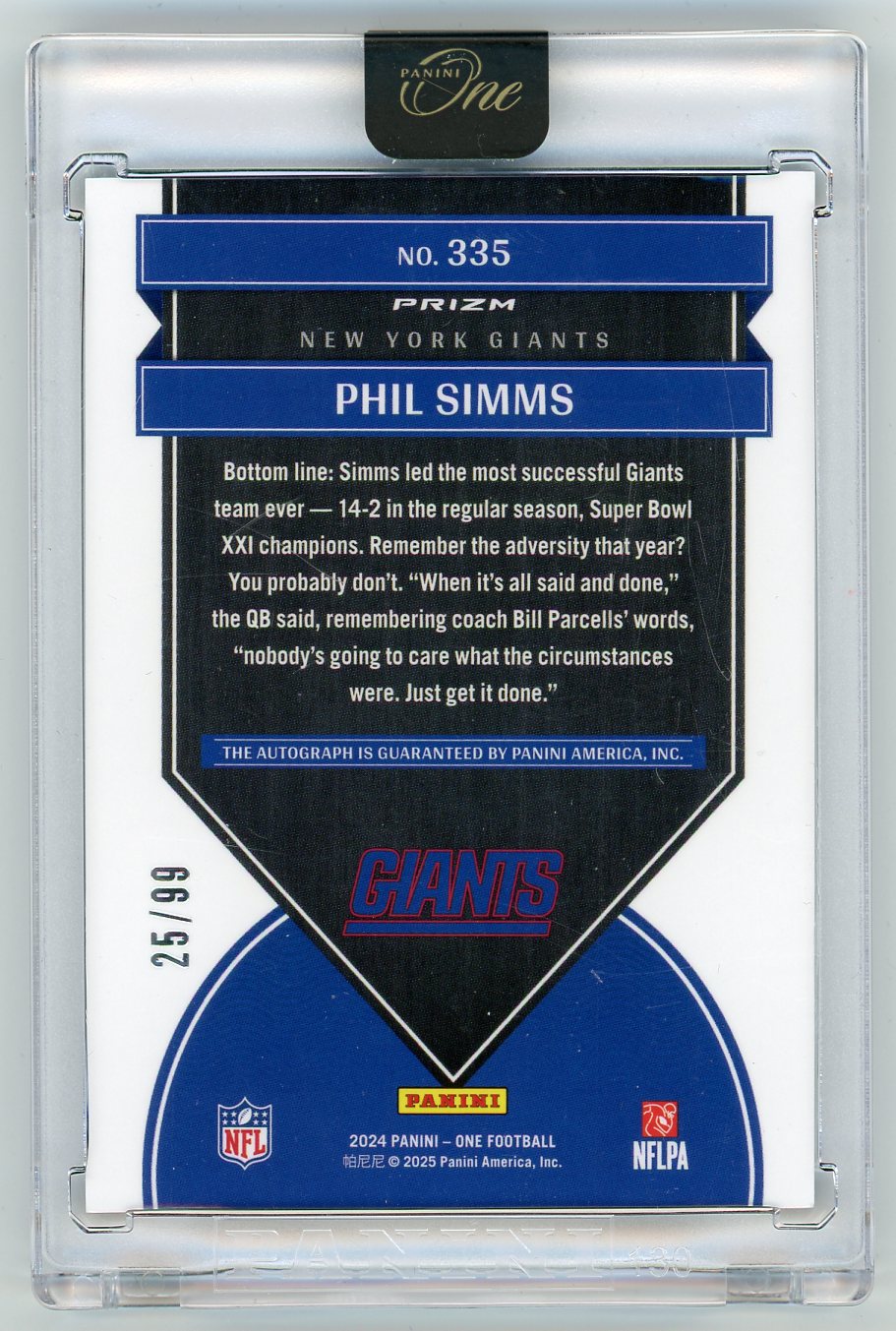 HL-P02 2025 Panini One Prizm Phil Simms #335 /99 Auto