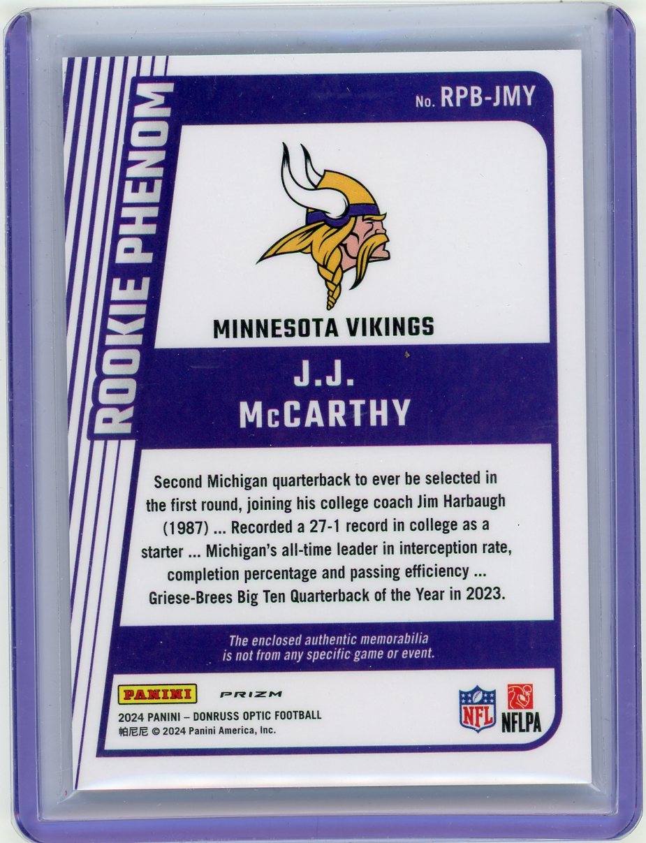 HL-P02 2024 Panini Donruss Optic Rookie Phenom J.J. McCarthy #RPB-JMY Blue RC