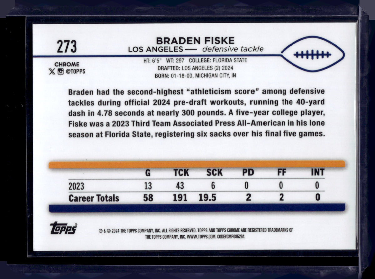HL-INV 2024 Topps Chrome Braden Fiske #273 Sapphire Gold /50