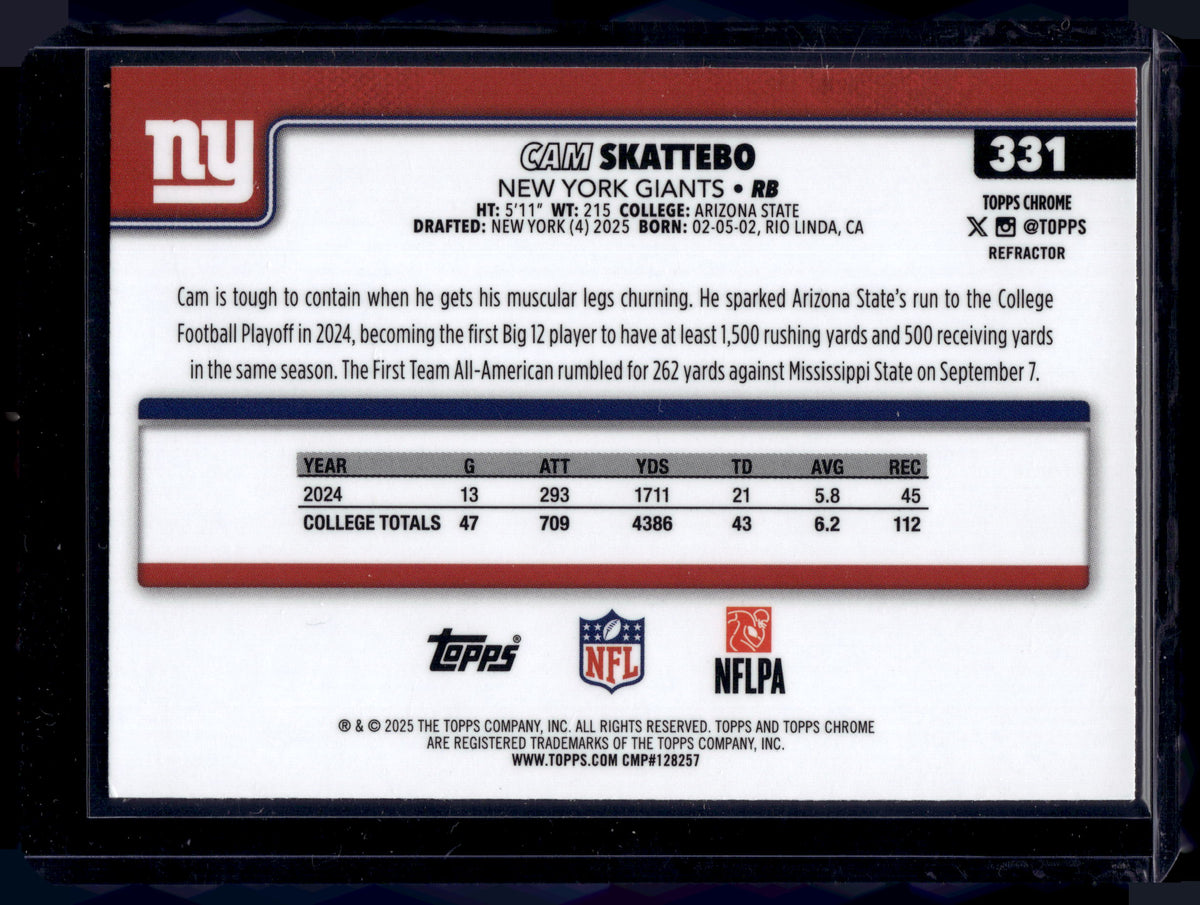 HL-INV 2025 Topps Chrome Cam Skattebo #331 Refractor RC