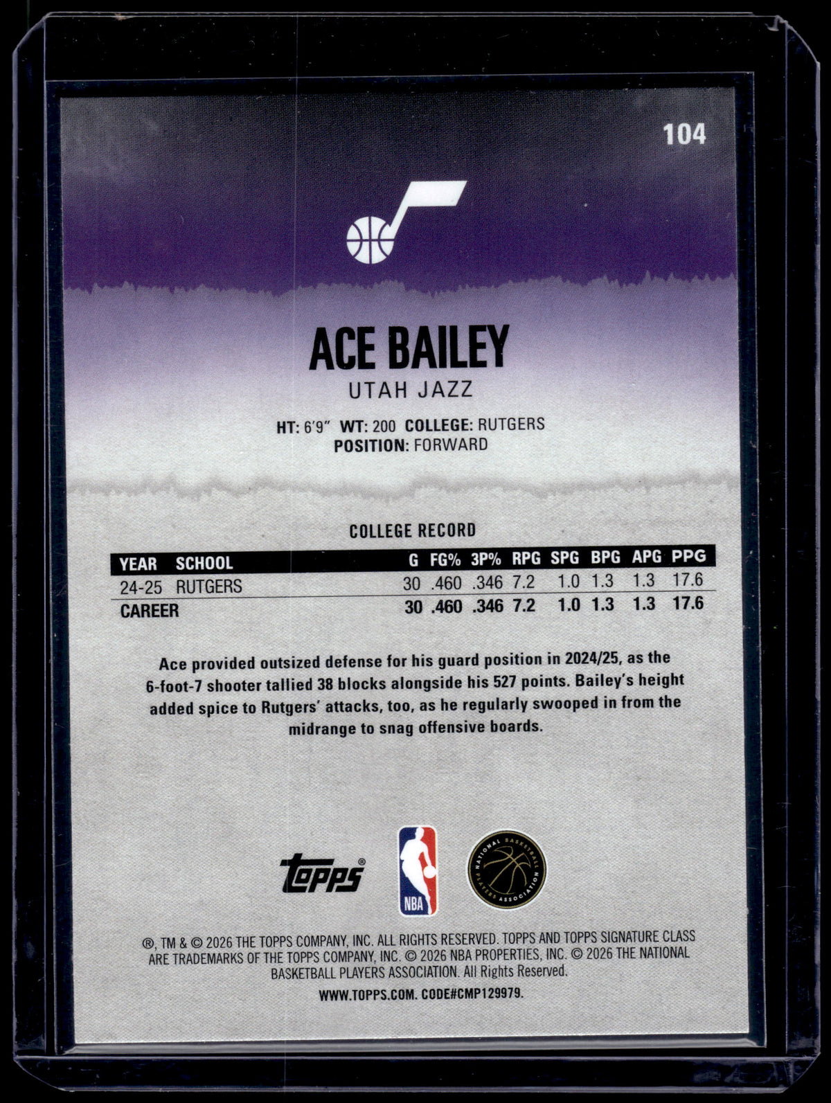 HL-INV 2026 Topps Signature Class Ace Bailey #104 RC