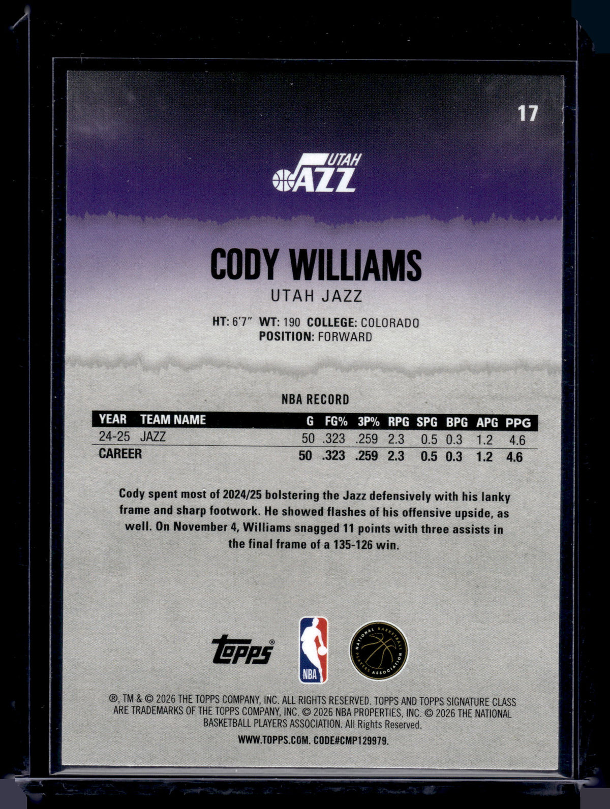 HL-INV 2025-26 Topps Signature Class Cody Williams #17 Purple /100