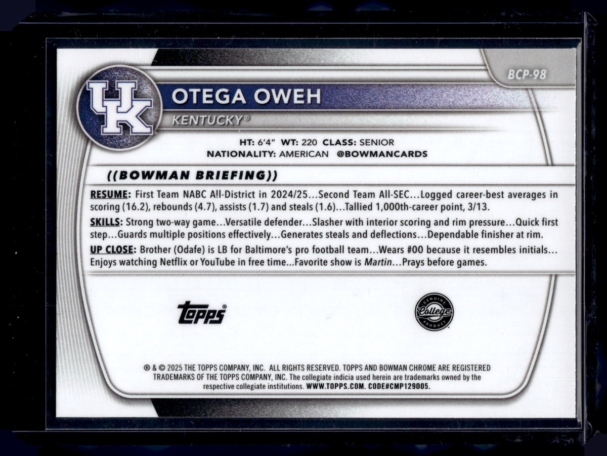 HL-INV 2025-26 Bowman Chrome University Otega Oweh #BCP-98 Reptilian Refractor