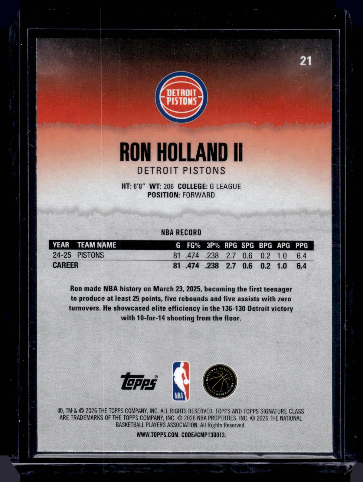 HL-INV 2025-26 Topps Signature Class Ron Holland II #21 Green /175