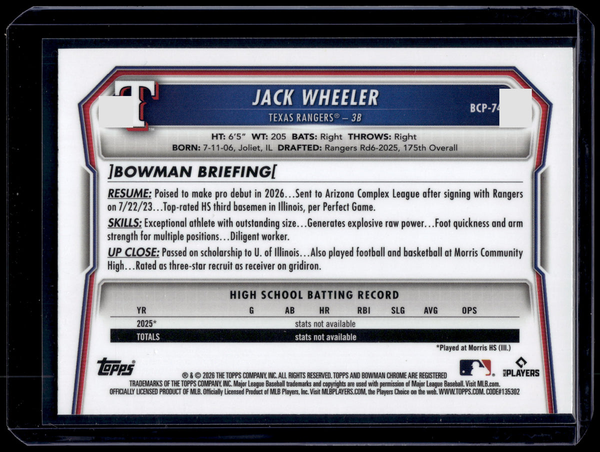 HL-INV 2026 Bowman Chrome Jack Wheeler #BCP-74 Purple Geometric /250 1st Bowman