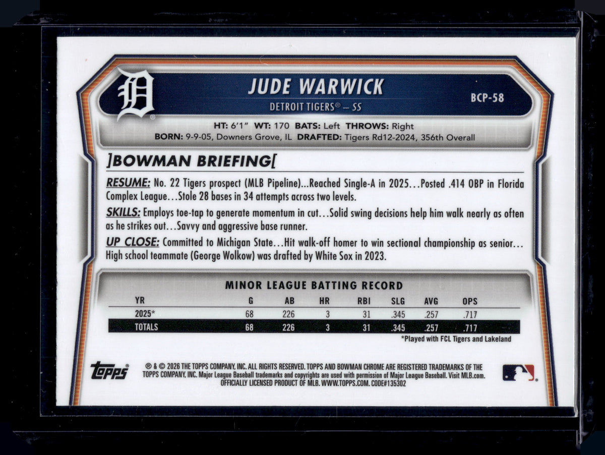 HL-INV 2026 Bowman Chrome Jude Warwick #BCP-58 Purple Geometric /250