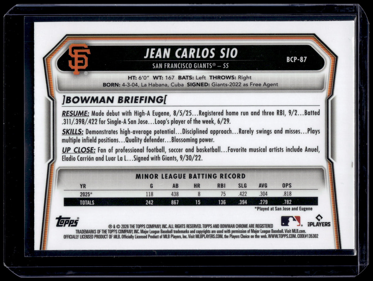 HL-INV 2026 Bowman Chrome Jean Carlos Sio #BCP-87 Purple Geometric /250