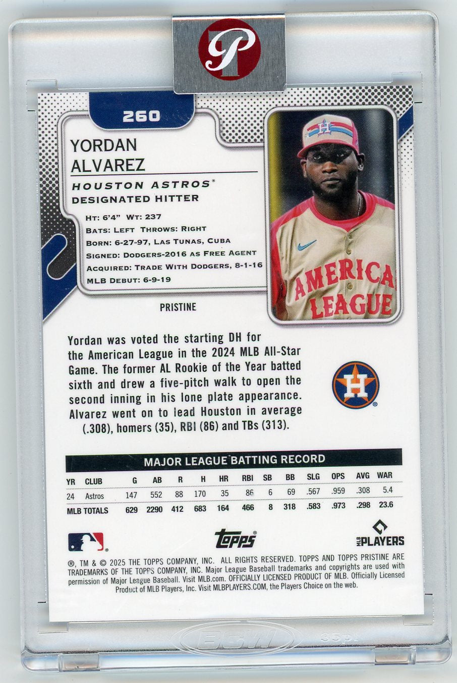 HL-P01 2025 Topps Pristine Yordan Alvarez #260 Purple /99