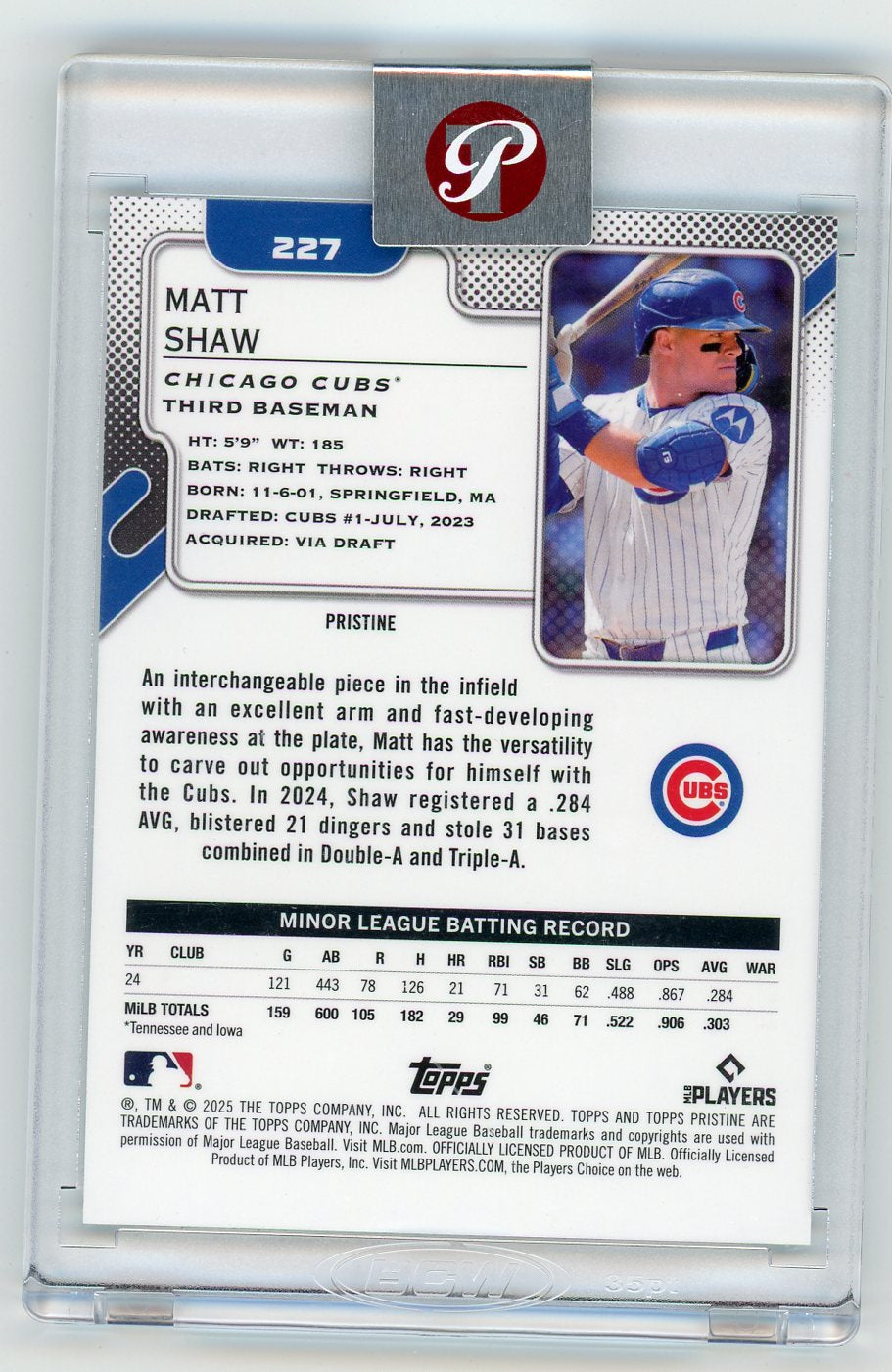 HL-P01 2025 Topps Pristine Matt Shaw #227 Aqua Refractor /199 RC