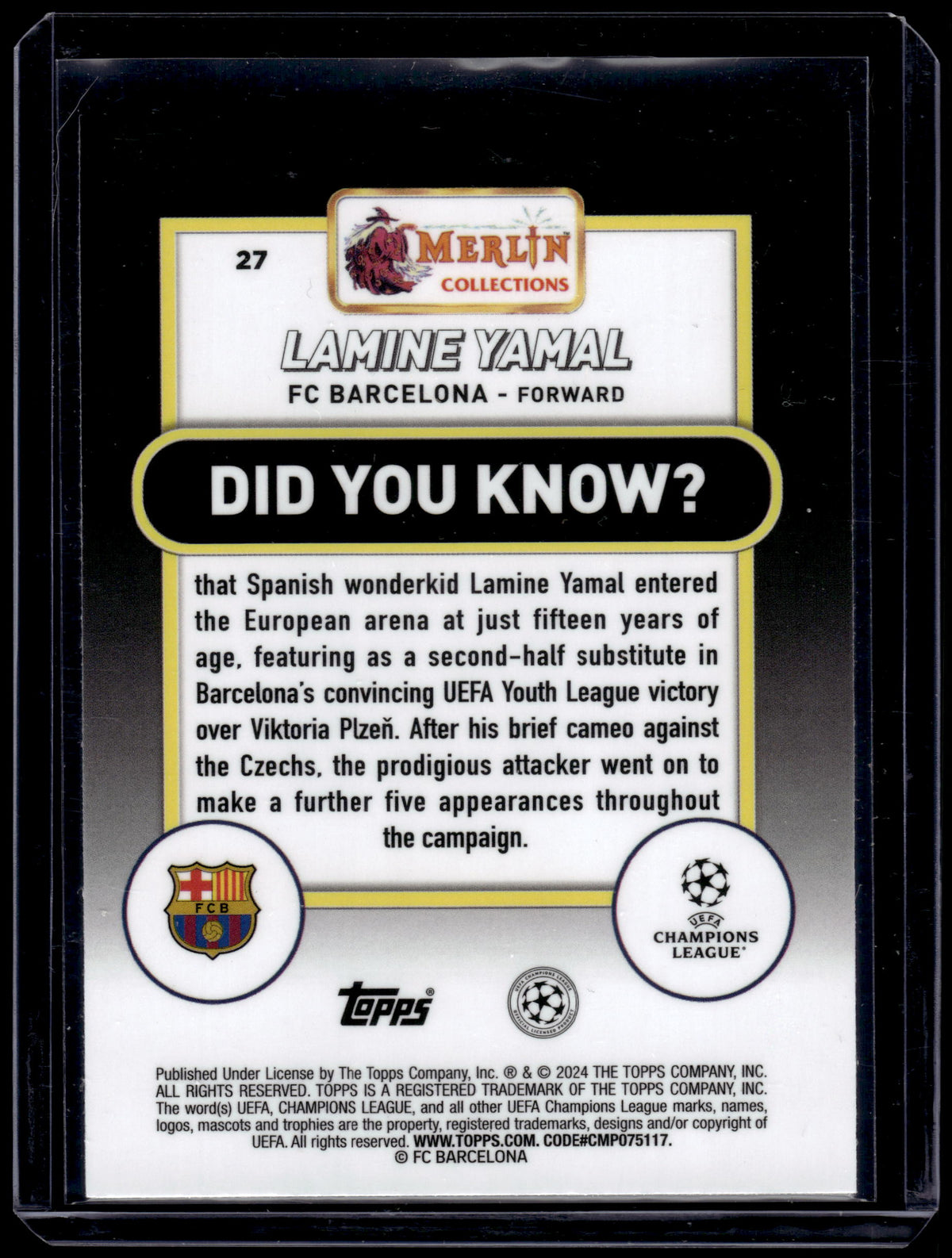 HL-P05 2024 Topps Champions League Merlin Lamine Yamal #27 Base RC