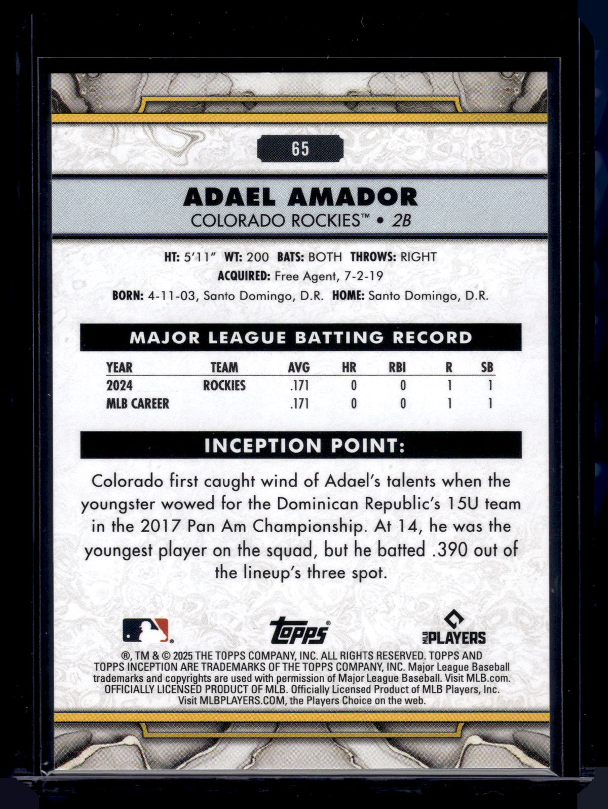 HL-INV 2025 Topps Inception Adael Amador #65 RC