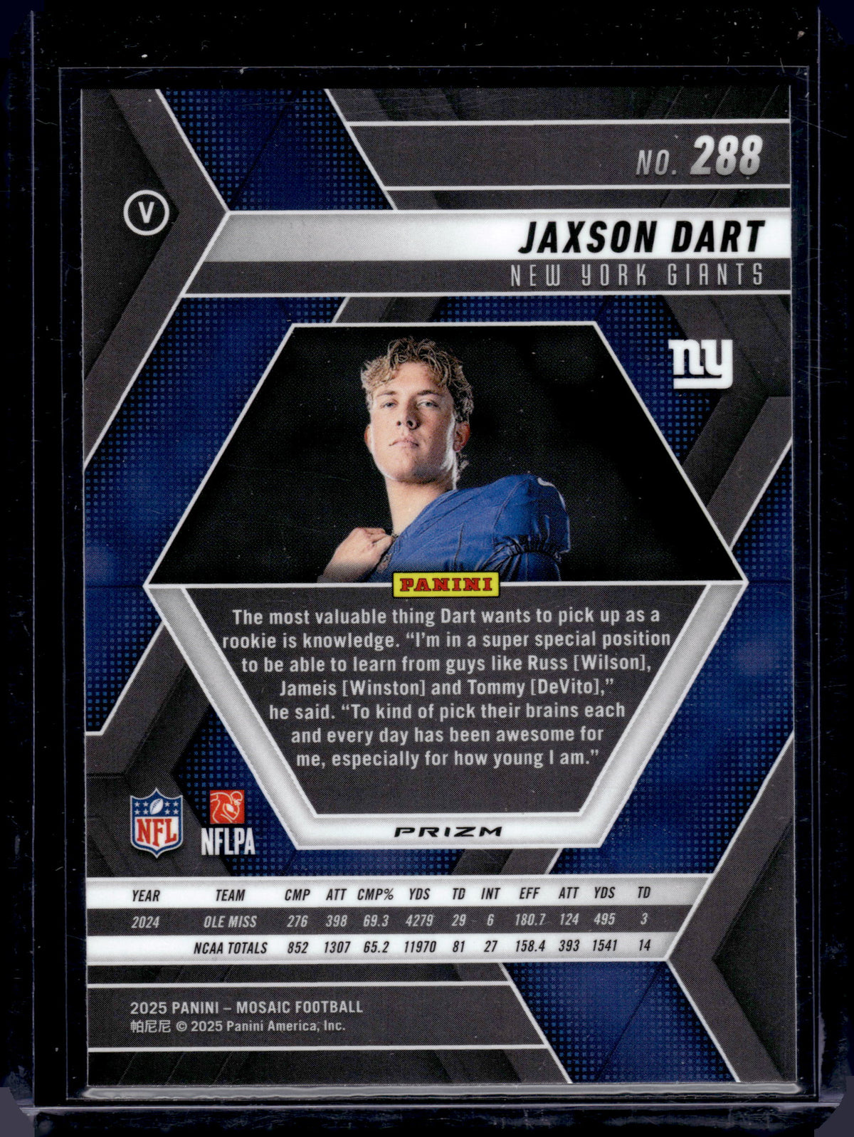 HL-P03 2025 Panini Mosaic Football Jaxson Dart #288 Blue Green Mosaic RC