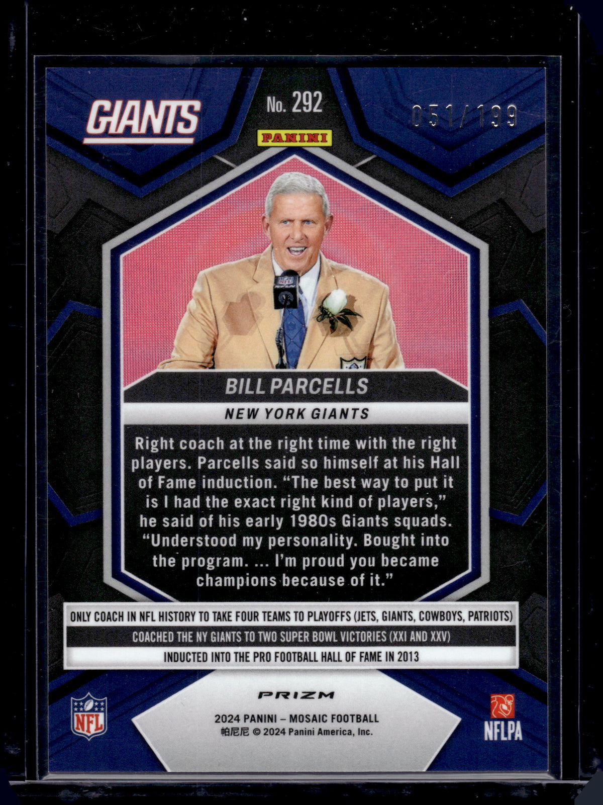 HL-P05 2024 Panini Mosaic Football Bill Parcells #292 Orange Prizm /199