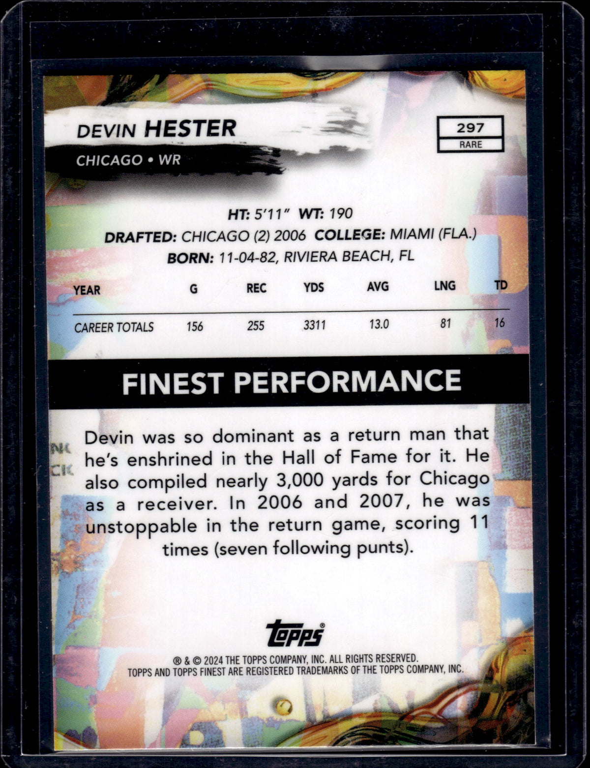2024 Topps Finest Devin Hester #297 Purple Checkerboard /75