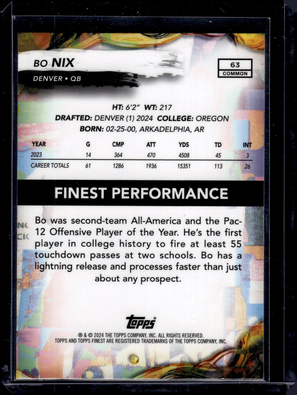 HL-P05 2024 Topps Finest Bo Nix #63 Blue Checkerboard /99 RC