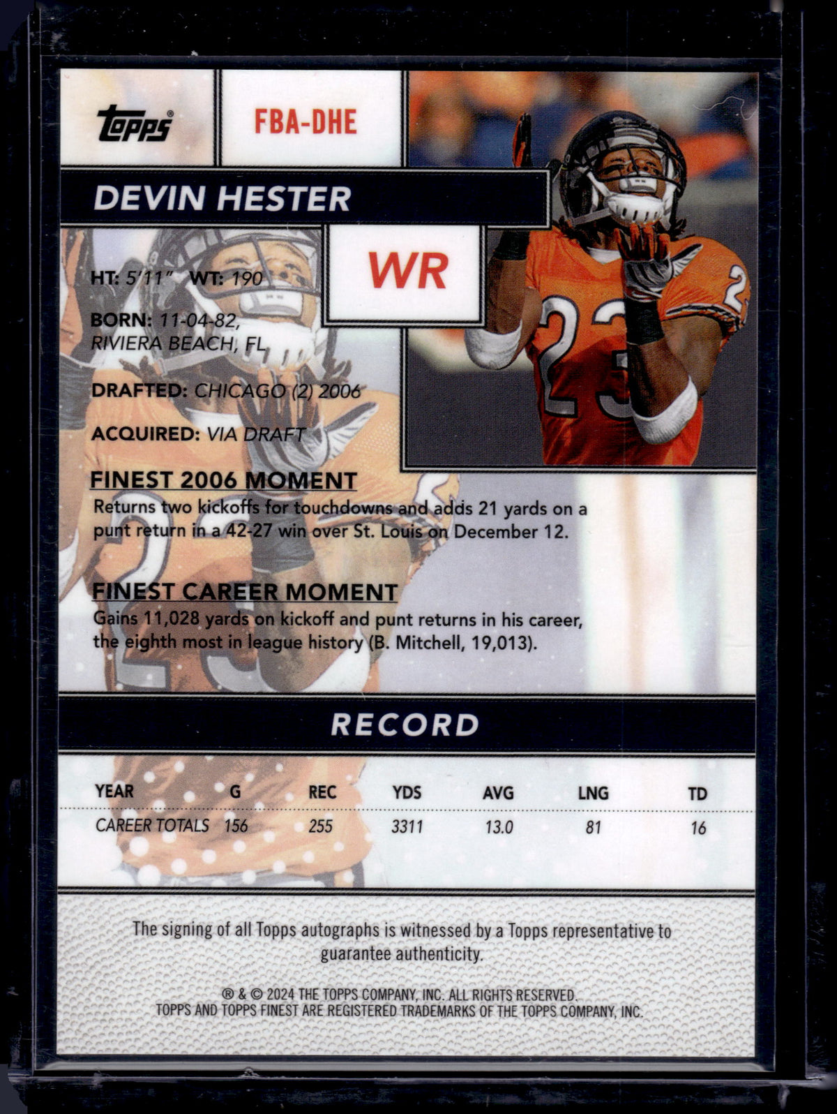 2024 Topps Finest Devin Hester #FBA-DHE Black Refractor /25 Auto
