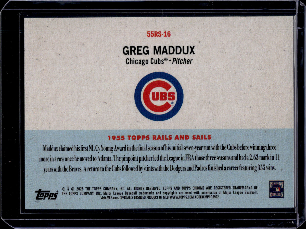 2025 Topps Chrome 1955 Topps Rails and Sails Greg Maddux #55RS-16 Green Refractor /99