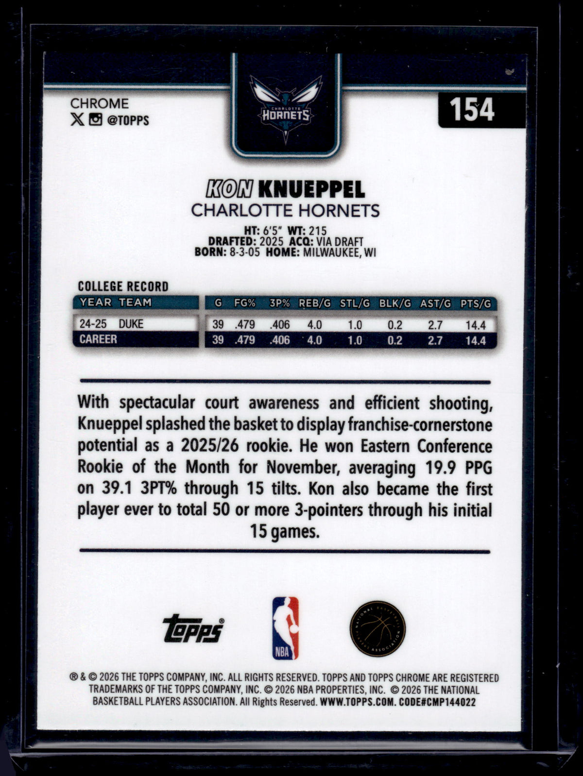2026 Topps Chrome Kon Knueppel #154 Raywave RC