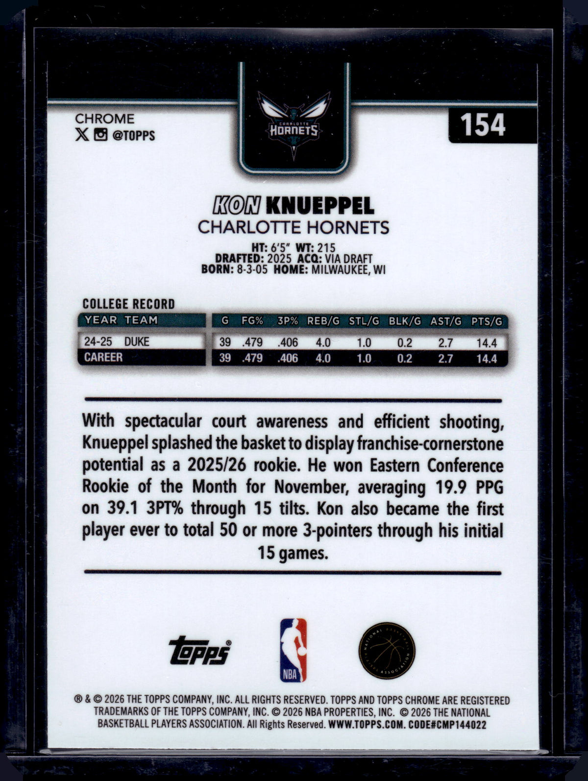 HL-INV 2026 Topps Chrome Kon Knueppel #154 Red White Blue RC